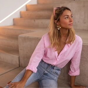Zara Pink and White Striped Button Down Shirt